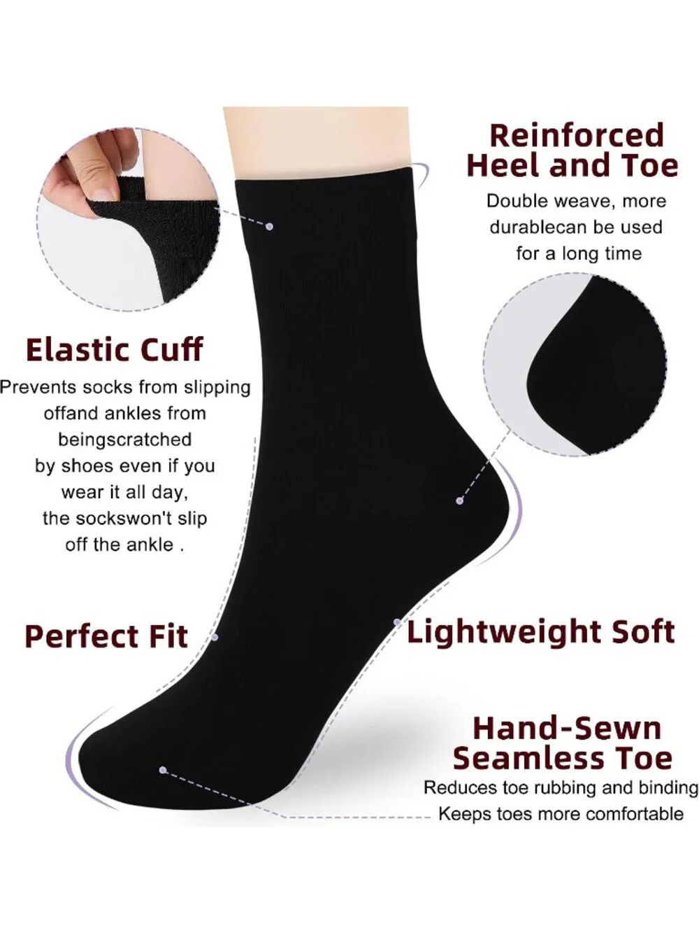 🧦Women's All Black 6 Pairs Thin Above Ankle Socks Cotton Crew Socks